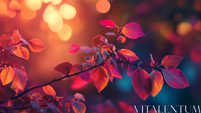 Colorful autumn branch with glowing orange bokeh light.