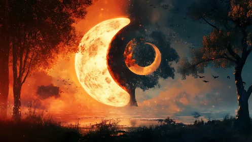 Lunar crescents over reflective lake in divided twilight.