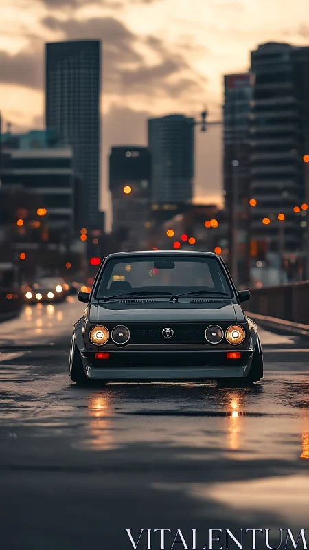 Retro Toyota prowls wet city streets at cinematic twilight