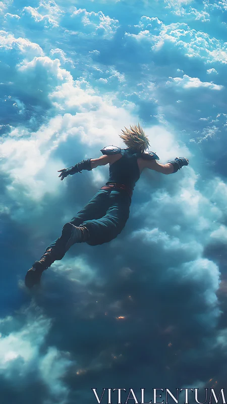 Skyward dreamer gliding through sunlit clouds in freedom.