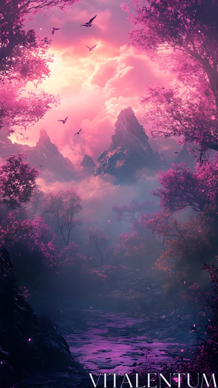 Iridescent magenta forest valley with misted peaks at sunset