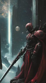 Crimson space knight guards colossal void-lit citadel.