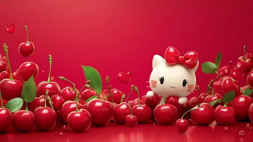 Anthropomorphic Feline Character Surrounded by Lustrous Cherries.