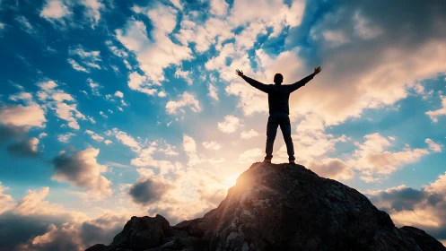 Silhouette stands on rocky peak against vivid sunset sky