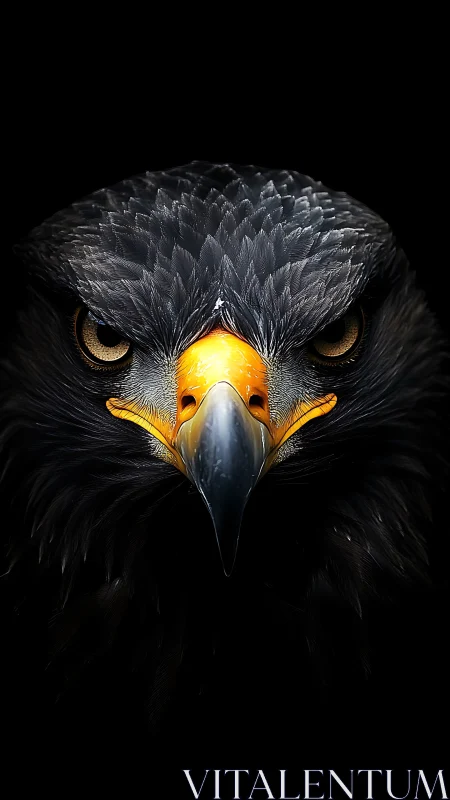 Golden-beaked eagle portrait fills frame over black void