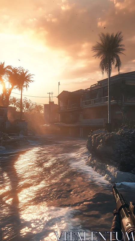 Desert Settlement Bathed in Golden Hour Sunlight and Atmospheric Glow