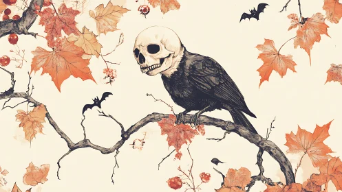 Crow with skull head on branch amid autumn leaves illustration.