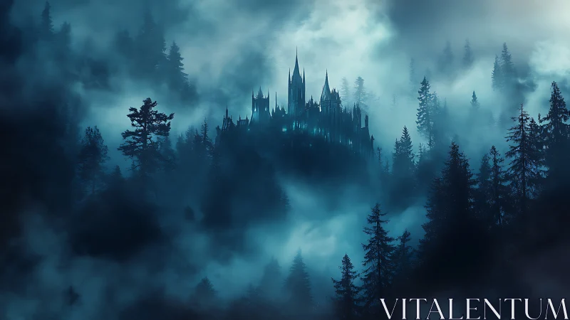 Gothic mountain castle glows through dense spectral fog