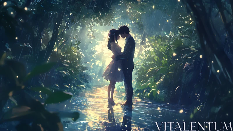 Two lovers embrace where magical rain falls through emerald tunnels of light