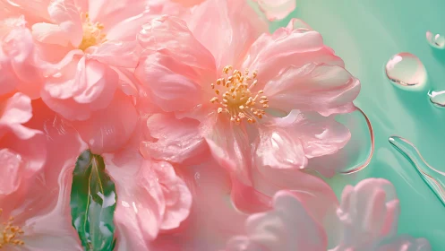 Pink Flowers Against Turquoise Background with Water Droplets