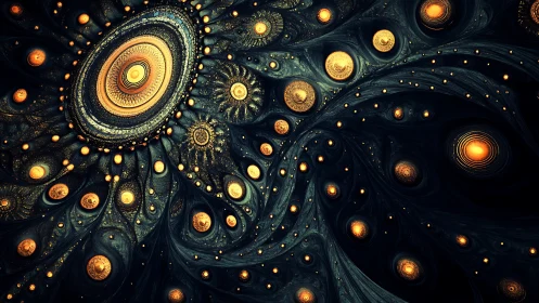 Golden spiral galaxies swirling through velvet night sky.