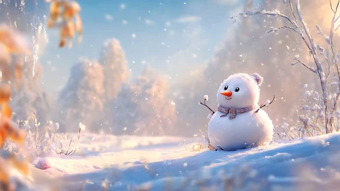 Snowfield daydream with a gleeful snowman in pastel light.