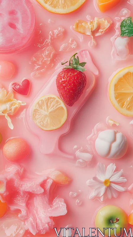 Strawberry popsicle with citrus slices in pastel pink melt.