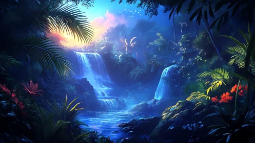 Luminous twin waterfalls in enchanted twilight jungle scene.