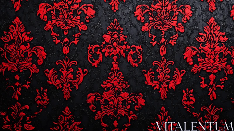 Crimson baroque flourishes ignite a midnight velvet wall.