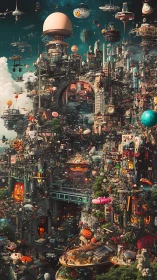 Dense futuristic vertical cityscape with flying vehicles.