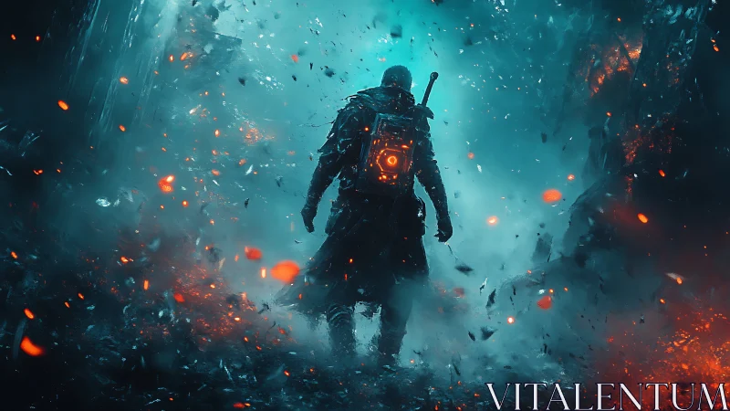 Lone sci fi wanderer in ember filled neon misted ruins.