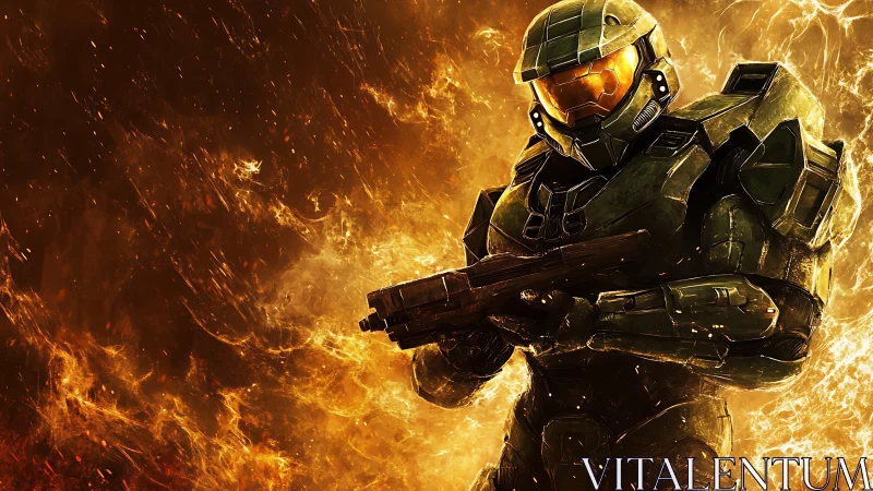 Armored sci fi soldier stands in front of intense flame field