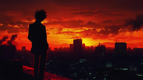 Rooftop silhouette watching neon embers swallow the sunset sky.