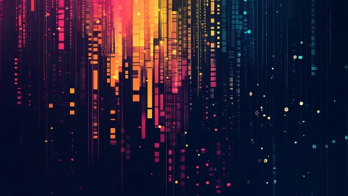 Colorful digital data streams over dark abstract background.