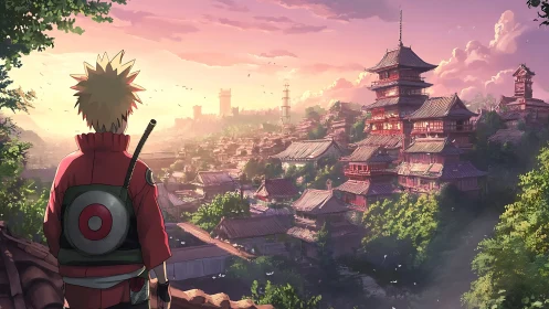Anime swordsman overlooking sunlit Japanese hill town.
