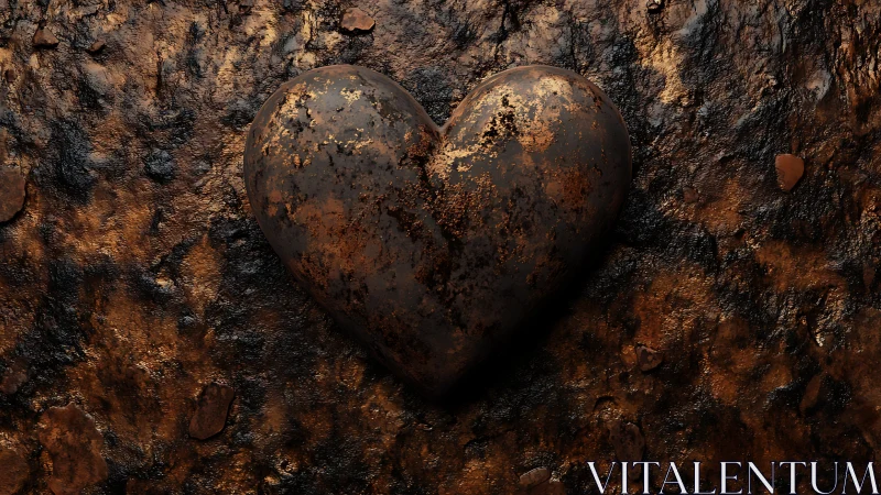 Rusted iron heart sculpture embedded in oxidized metal surface.