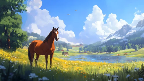 Gentle chestnut horse in a sunlit mountain meadow by a lake.
