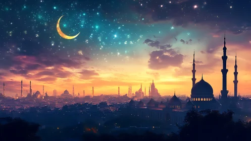 Digital painting of crescent moon above luminous mosque skyline.