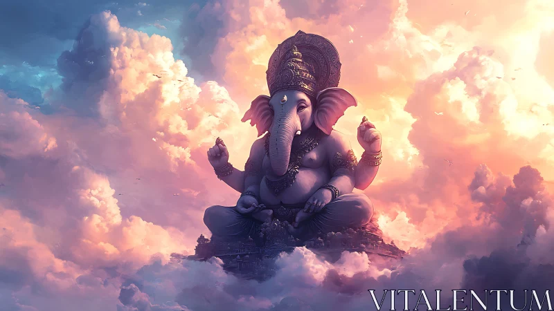 Elephant-headed celestial deity amid volumetric sunset clouds.