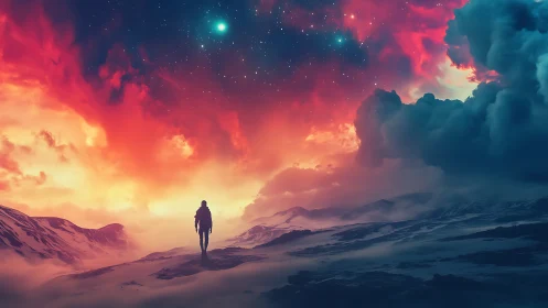 Lone figure walks under vivid cosmic storm sky