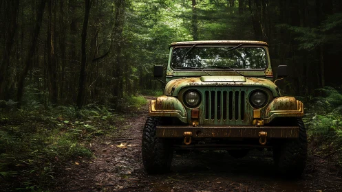 Weathered green jeep waits patiently on a quiet forest trail