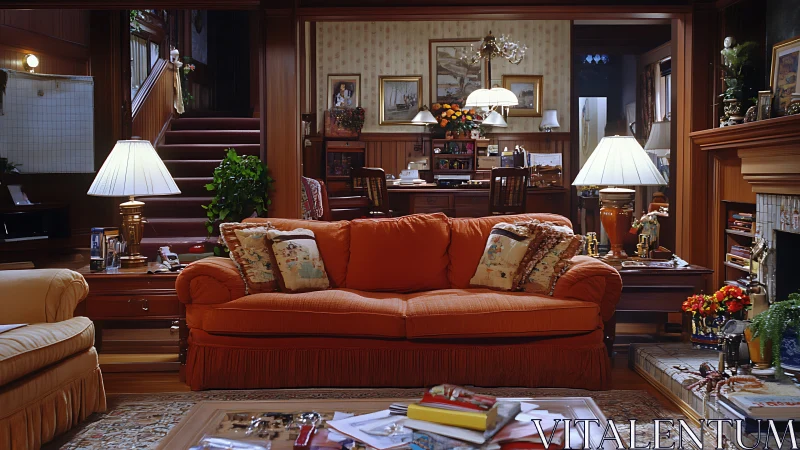 Traditional living room with orange sofa and wood paneling.