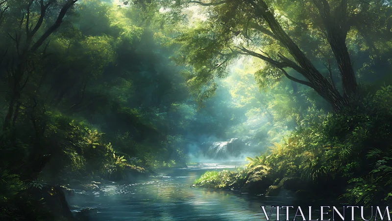 Enchanted Forest River Sanctuary Illuminated by Golden Light.