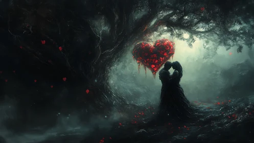 Solitary Figure Beneath Floating Heart in Mystical Forest.