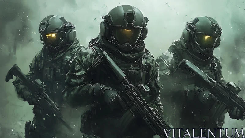 Armored sci fi soldiers advance through smoky battlefield.