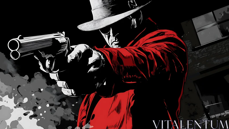 Noir gunman in red trenchcoat aiming double-barrel shotgun.