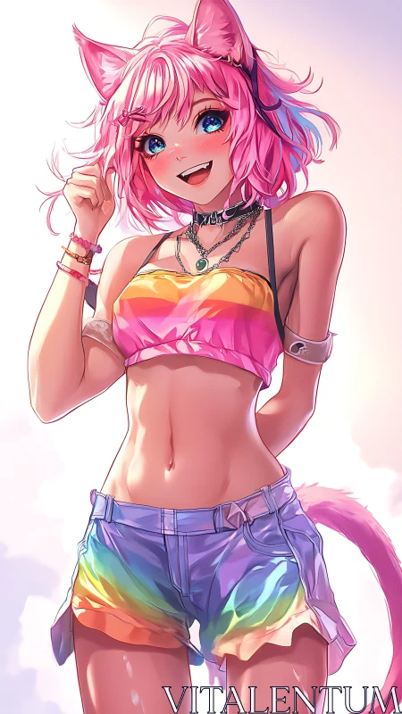 Bright anime catgirl with pink hair and rainbow outfit.