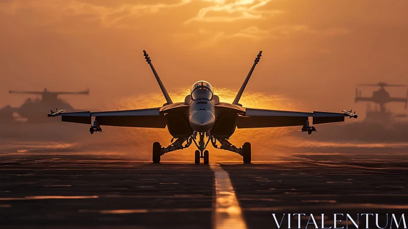 Carrier-based jet aircraft on flight deck at sunset.