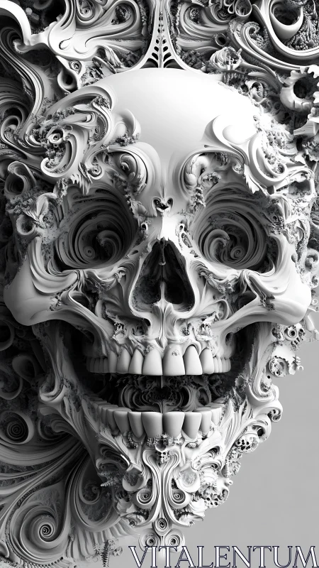 Intricate monochrome skull sculpture merges baroque and fractal forms