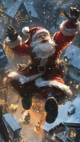 Joyful Santa soaring above a snowlit Christmas village.