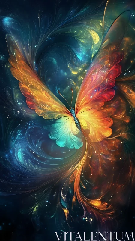Nebula-winged butterfly drifting through cosmic color swirls.