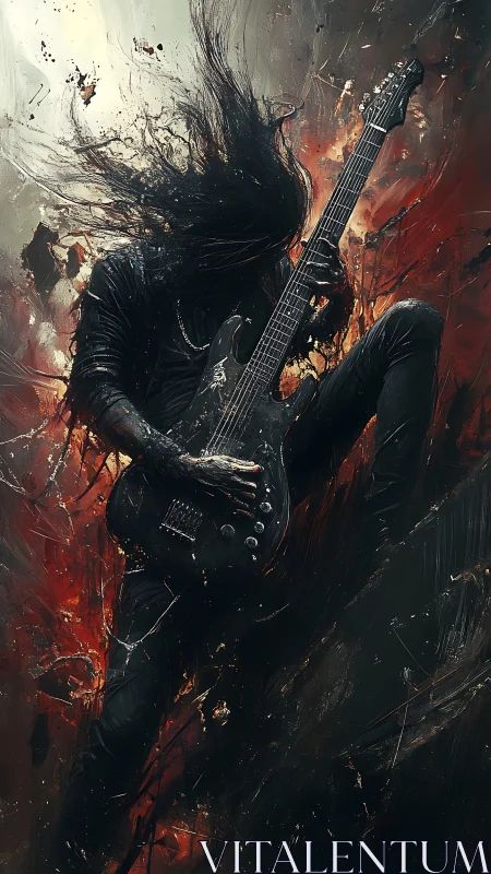 Metal guitarist engulfed in abstract fiery motion storm.