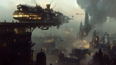 Flying steam locomotive moves above dense industrial cityscape