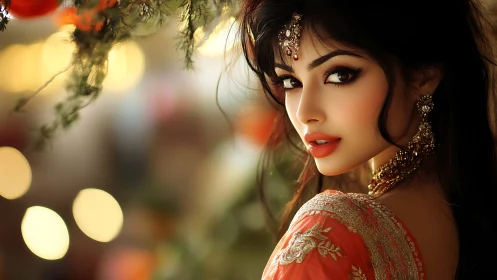 Bridal portrait amid golden bokeh in ornate traditional attire.