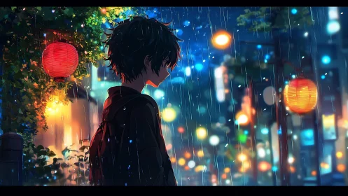Solitary boy under neon city rain with glowing red lanterns