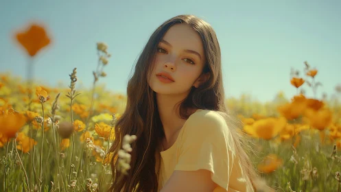 Young woman sits in golden wildflower field under clear sky