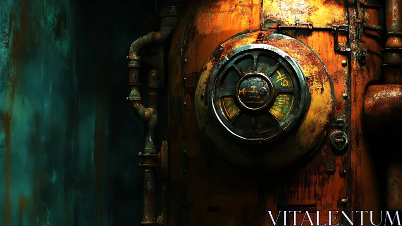 Rusty orange pressure door glows softly in teal shadows