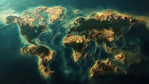 Three dimensional world map formed by land and forests.