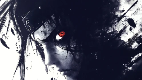 Anime warrior close-up with red eye and dark ink shadows