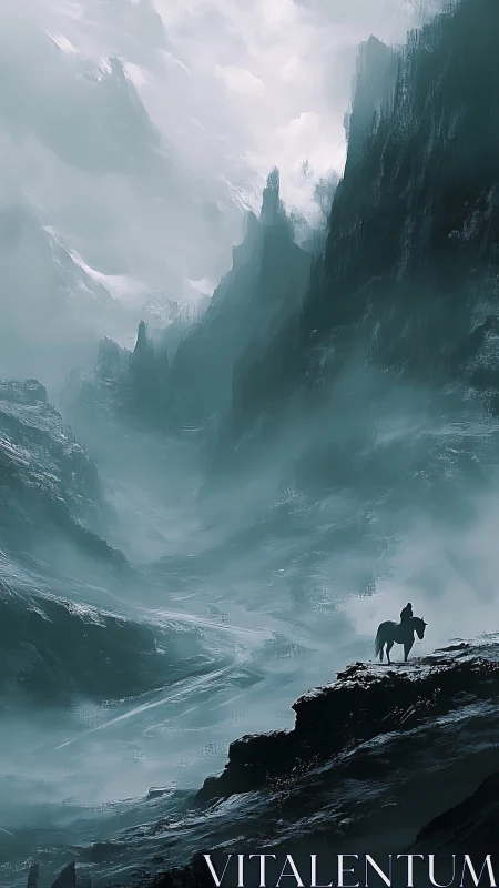 Solitary rider traverses glacial canyon beneath monolithic cliffs
